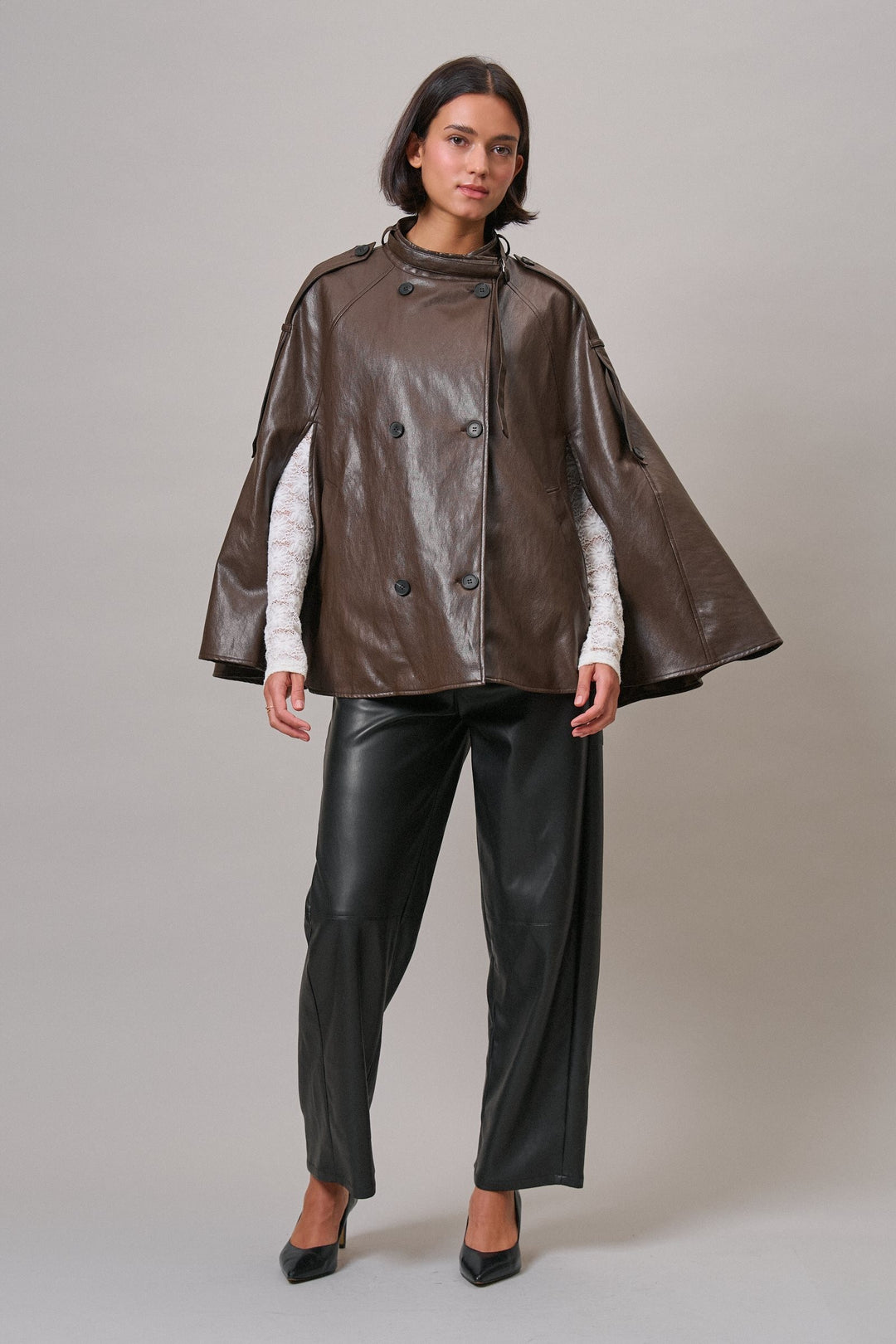 Boulevard Faux Leather Cape Jacket in Brown - Women's Wholesale Capes & Ponchos | Trend Notes