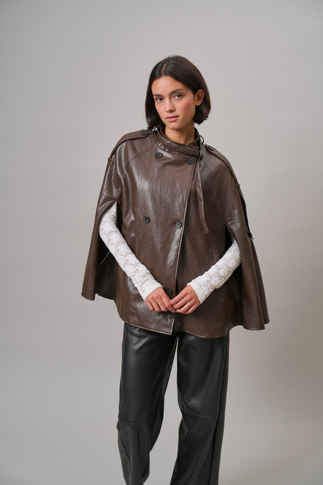 Boulevard Faux Leather Cape Jacket in Brown - Women's Wholesale Capes & Ponchos | Trend Notes