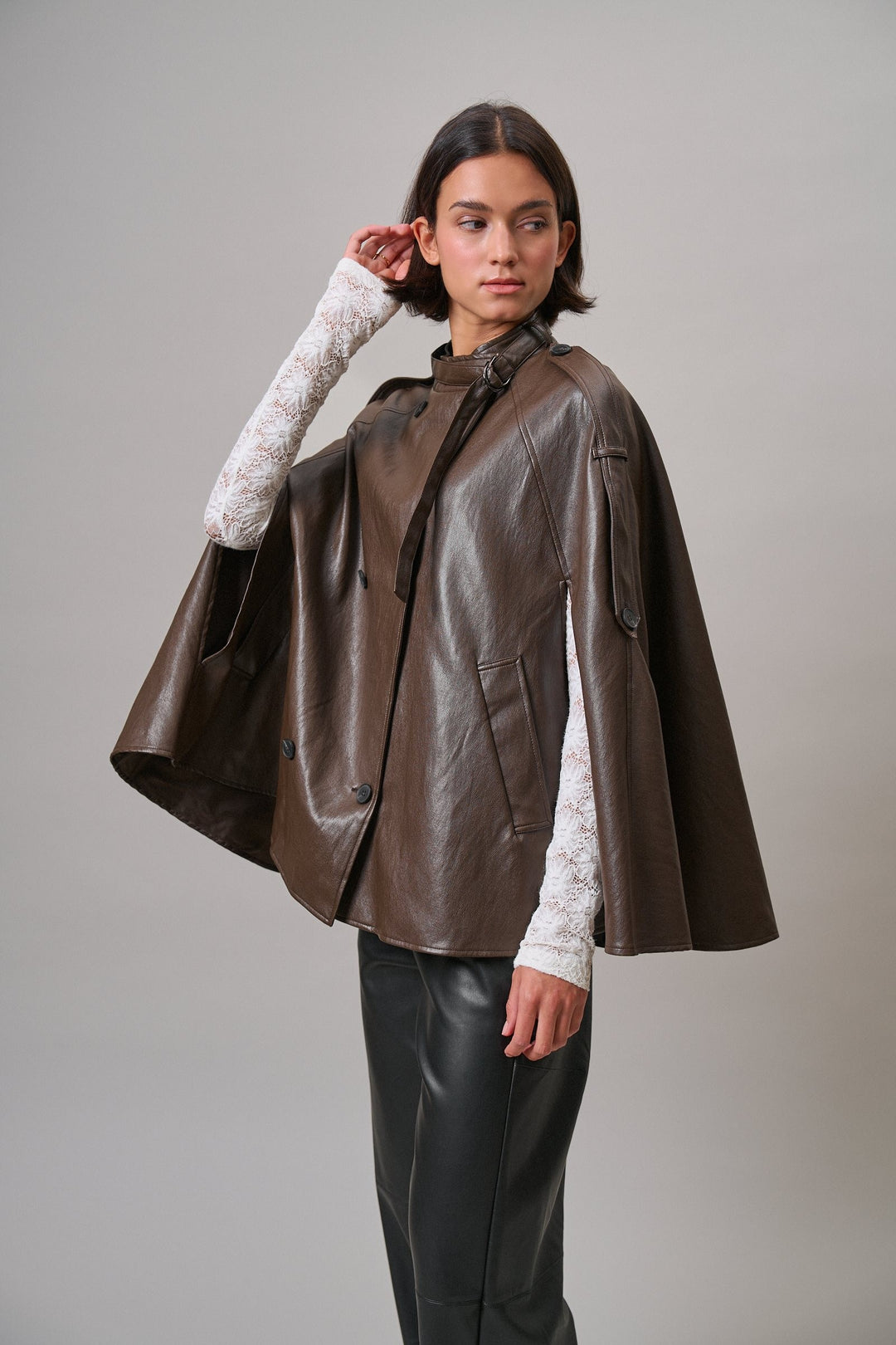 Boulevard Faux Leather Cape Jacket in Brown - Women's Wholesale Capes & Ponchos | Trend Notes