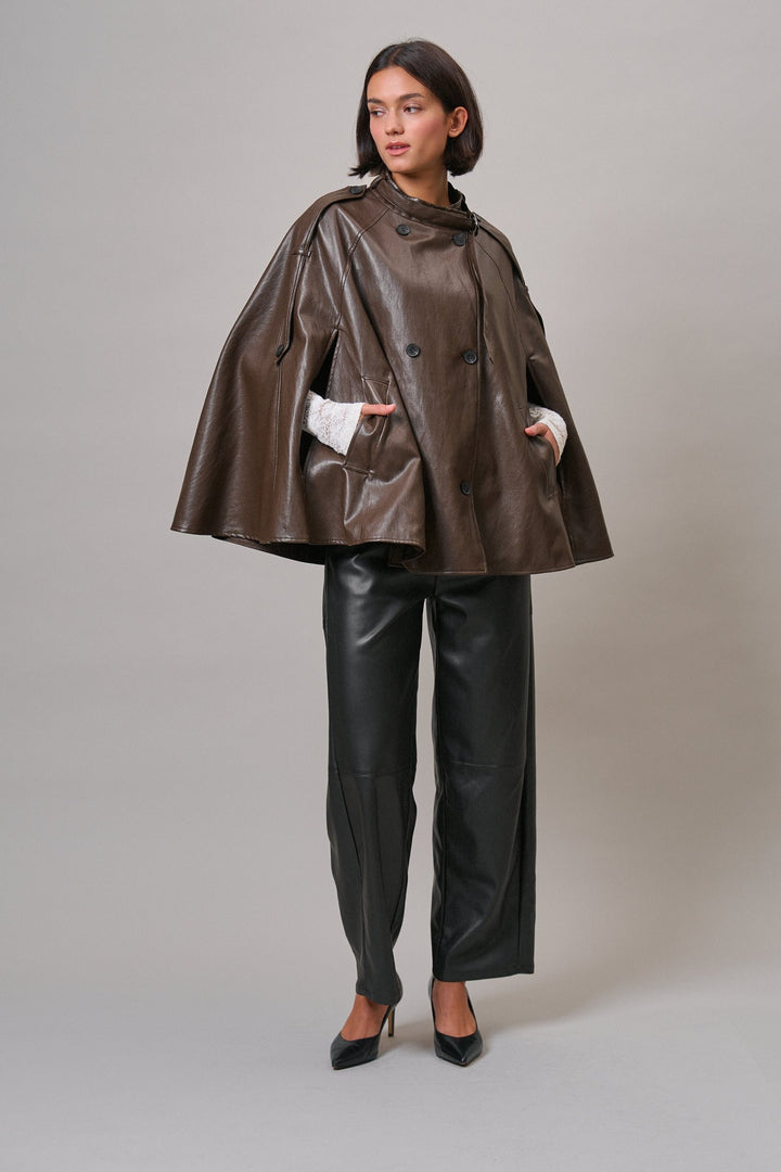 Boulevard Faux Leather Cape Jacket in Brown - Women's Wholesale Capes & Ponchos | Trend Notes