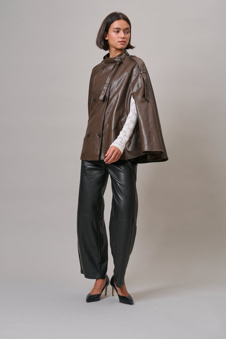 Boulevard Faux Leather Cape Jacket in Brown - Women's Wholesale Capes & Ponchos | Trend Notes