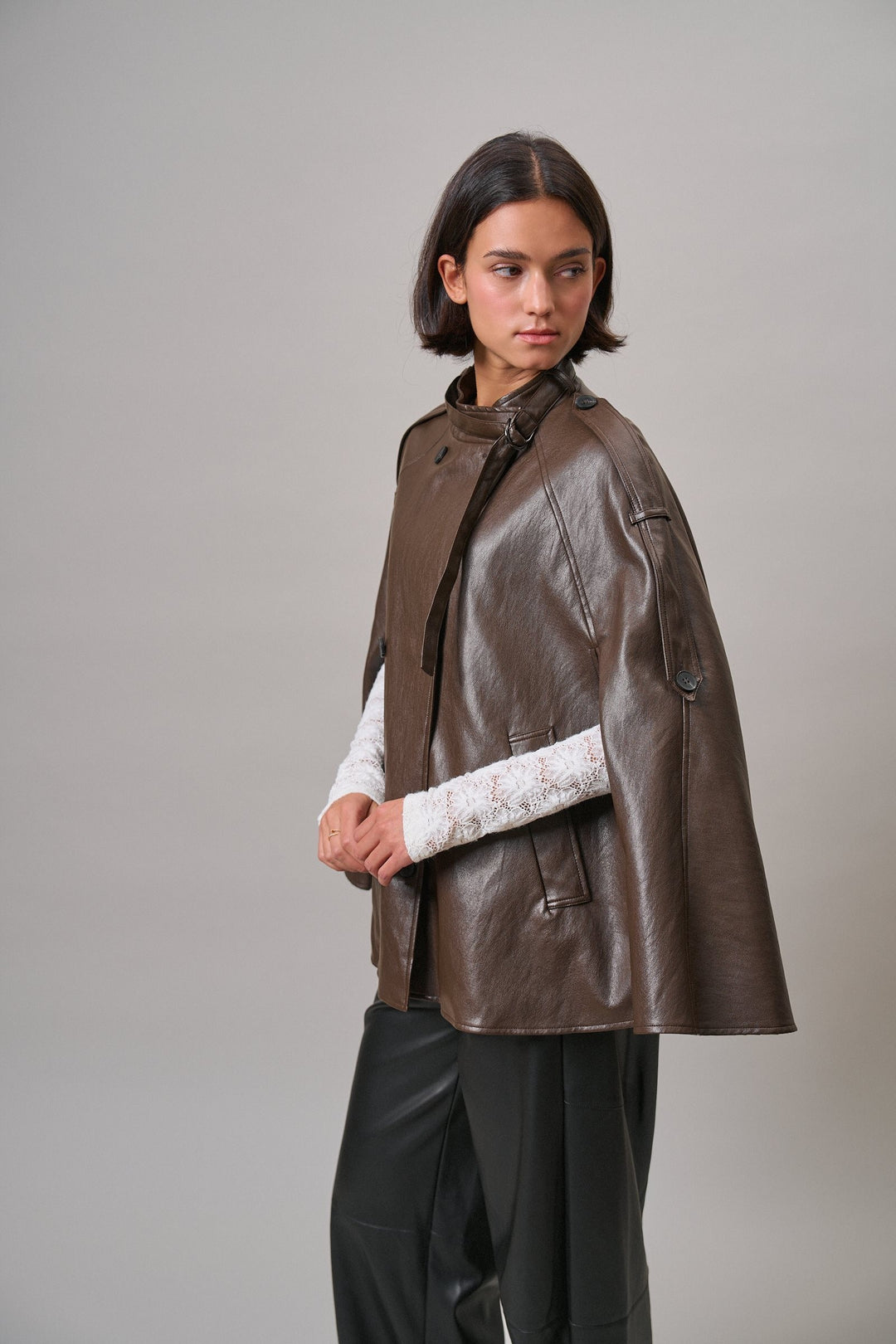 Boulevard Faux Leather Cape Jacket in Brown - Women's Wholesale Capes & Ponchos | Trend Notes