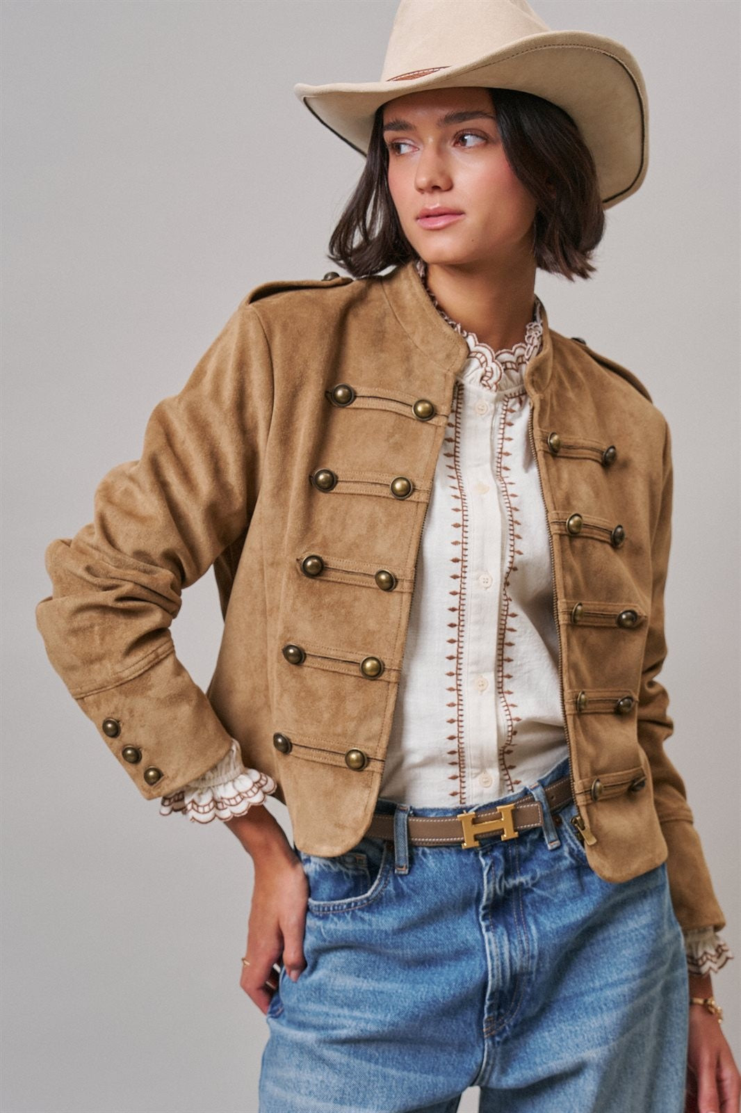 Napoleon Faux Suede Military Jacket with Double-Row Buttons in Camel - Women's Wholesale Jackets & Blazers | Trend Notes
