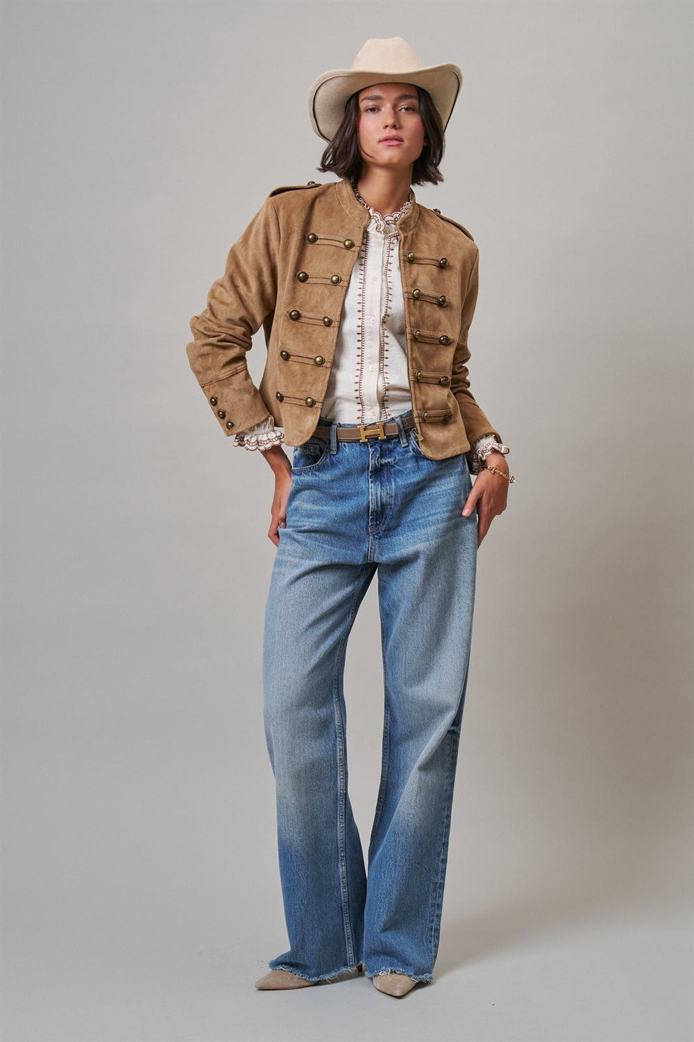 Napoleon Faux Suede Military Jacket with Double-Row Buttons in Camel - Women's Wholesale Jackets & Blazers | Trend Notes