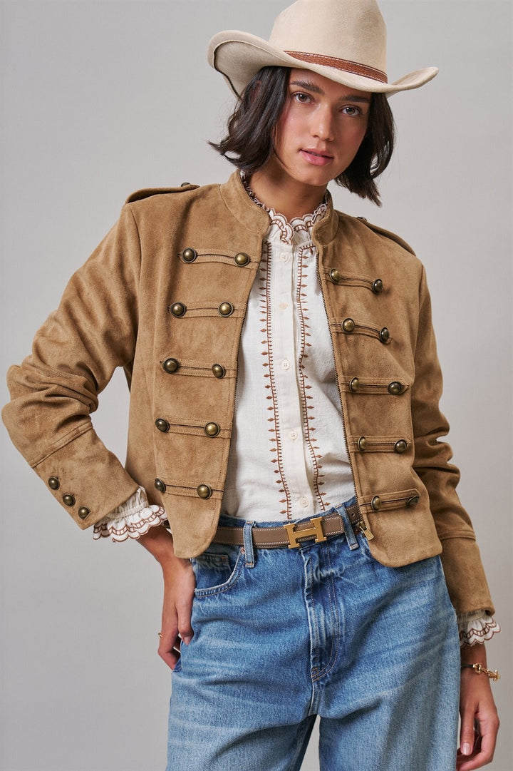 Napoleon Faux Suede Military Jacket with Double-Row Buttons in Camel - Women's Wholesale Jackets & Blazers | Trend Notes