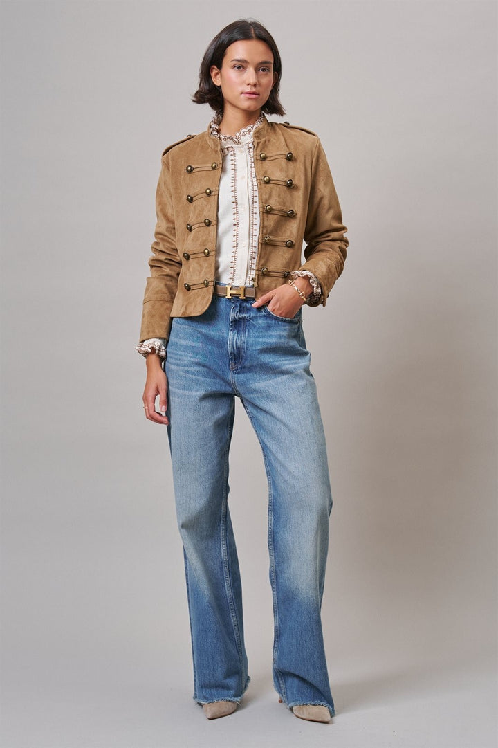 Napoleon Faux Suede Military Jacket with Double-Row Buttons in Camel - Women's Wholesale Jackets & Blazers | Trend Notes