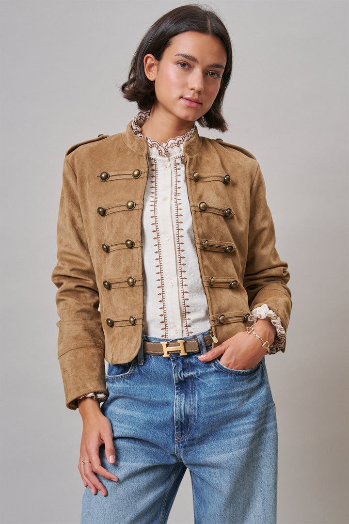 Napoleon Faux Suede Military Jacket with Double-Row Buttons in Camel - Women's Wholesale Jackets & Blazers | Trend Notes