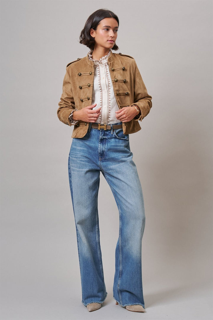 Napoleon Faux Suede Military Jacket with Double-Row Buttons in Camel - Women's Wholesale Jackets & Blazers | Trend Notes