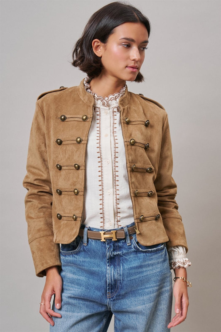 Napoleon Faux Suede Military Jacket with Double-Row Buttons in Camel - Women's Wholesale Jackets & Blazers | Trend Notes
