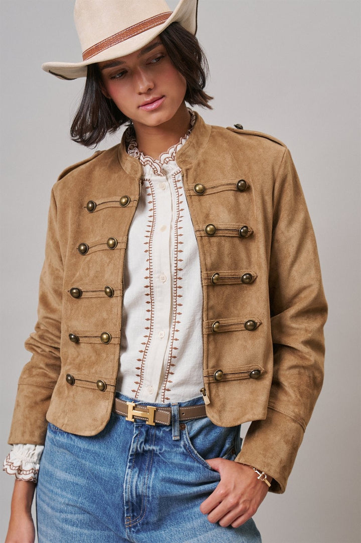 Napoleon Faux Suede Military Jacket with Double-Row Buttons in Camel - Women's Wholesale Jackets & Blazers | Trend Notes