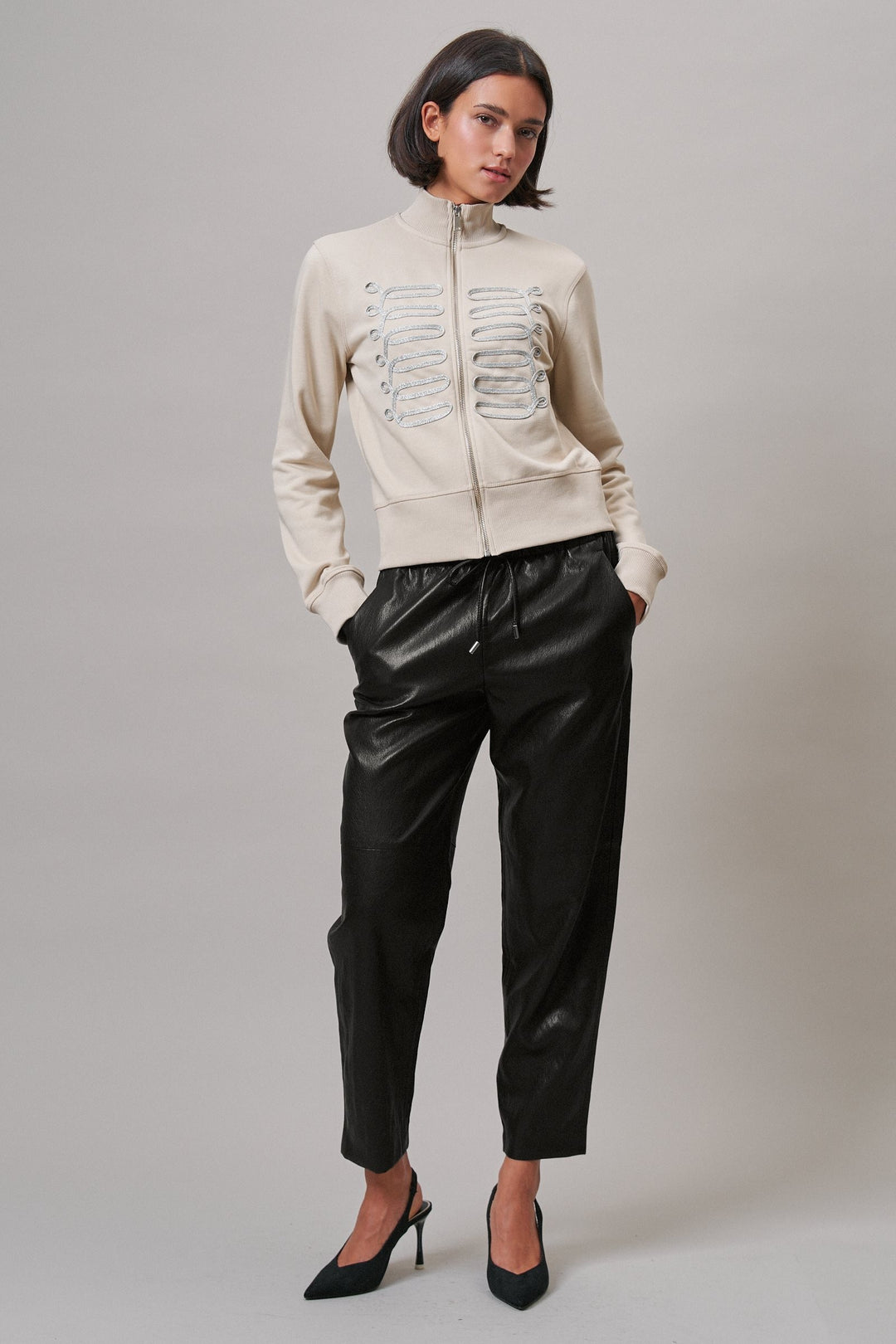 Military Band Glitter Trim Zip-Up Sweatshirt Jacket in Khaki - Women's Wholesale Jackets & Blazers | Trend Notes