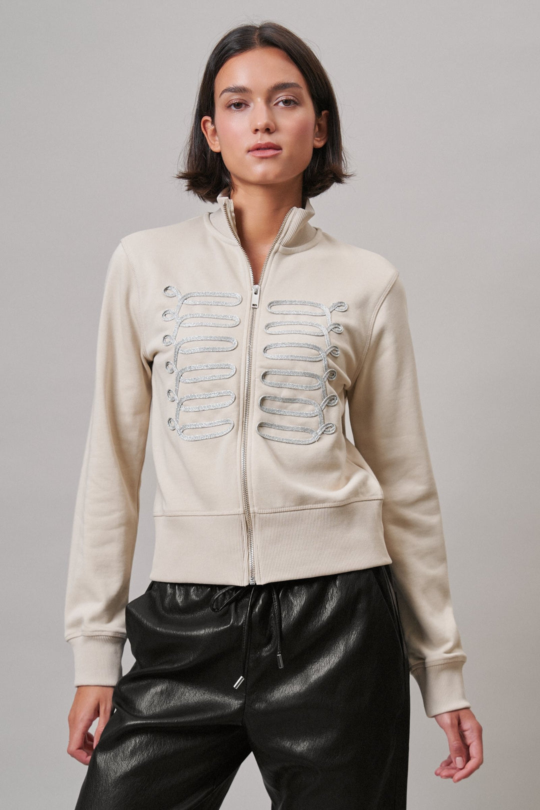 Military Band Glitter Trim Zip-Up Sweatshirt Jacket in Khaki - Women's Wholesale Jackets & Blazers | Trend Notes