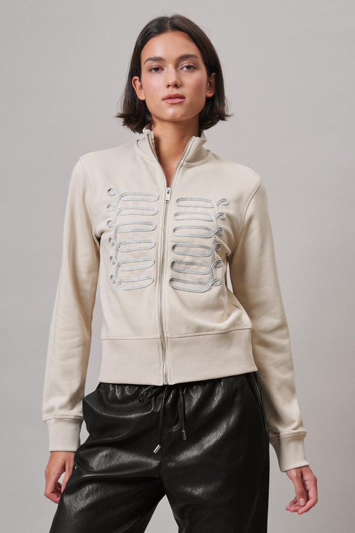Military Band Glitter Trim Zip-Up Sweatshirt Jacket in Khaki - Women's Wholesale Jackets & Blazers | Trend Notes