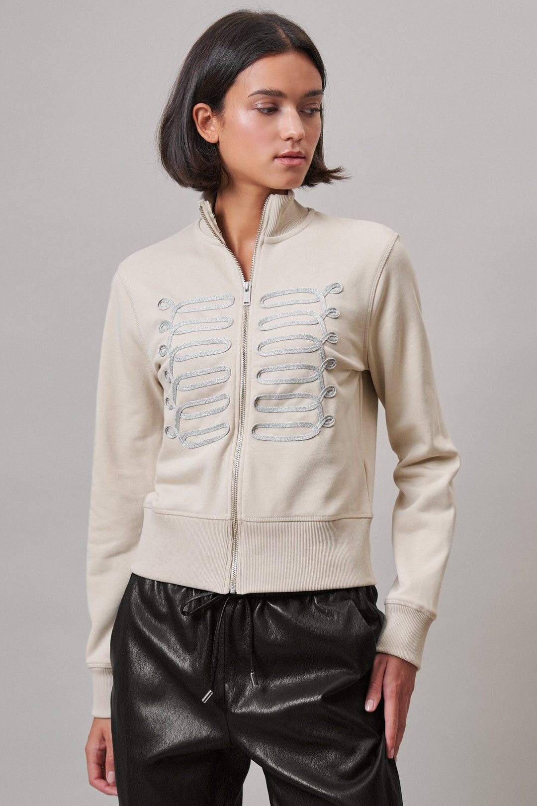 Military Band Glitter Trim Zip-Up Sweatshirt Jacket in Khaki - Women's Wholesale Jackets & Blazers | Trend Notes
