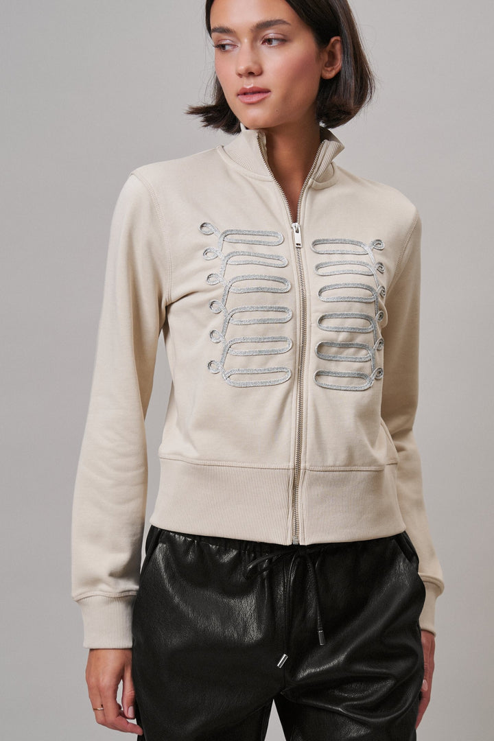 Military Band Glitter Trim Zip-Up Sweatshirt Jacket in Khaki - Women's Wholesale Jackets & Blazers | Trend Notes