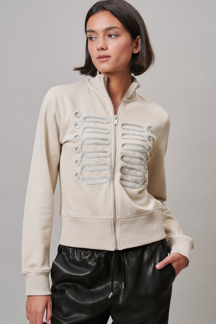 Military Band Glitter Trim Zip-Up Sweatshirt Jacket in Khaki - Women's Wholesale Jackets & Blazers | Trend Notes