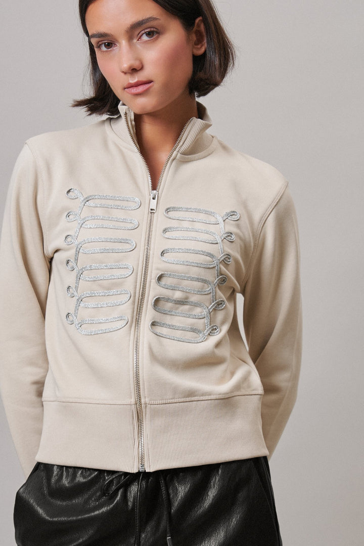 Military Band Glitter Trim Zip-Up Sweatshirt Jacket in Khaki - Women's Wholesale Jackets & Blazers | Trend Notes