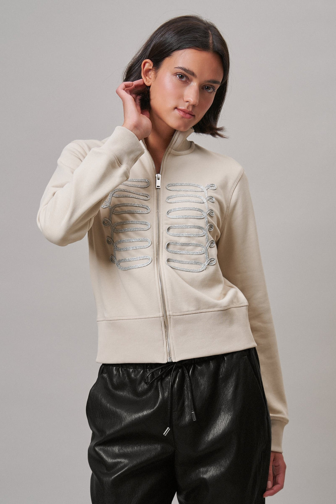Military Band Glitter Trim Zip-Up Sweatshirt Jacket in Khaki - Women's Wholesale Jackets & Blazers | Trend Notes