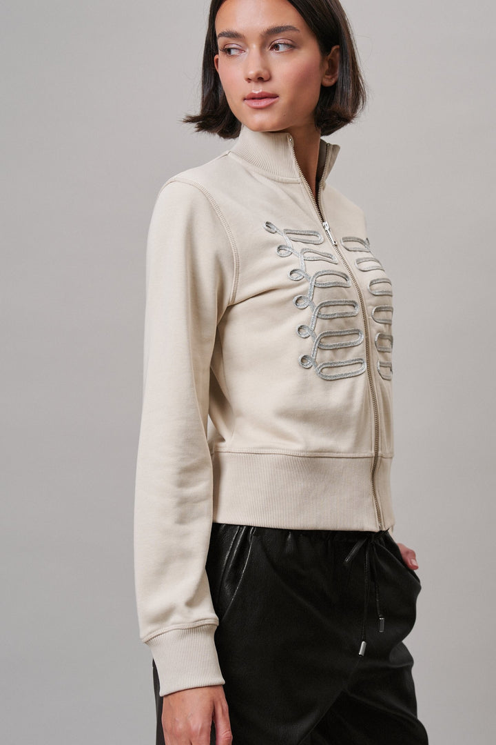 Military Band Glitter Trim Zip-Up Sweatshirt Jacket in Khaki - Women's Wholesale Jackets & Blazers | Trend Notes