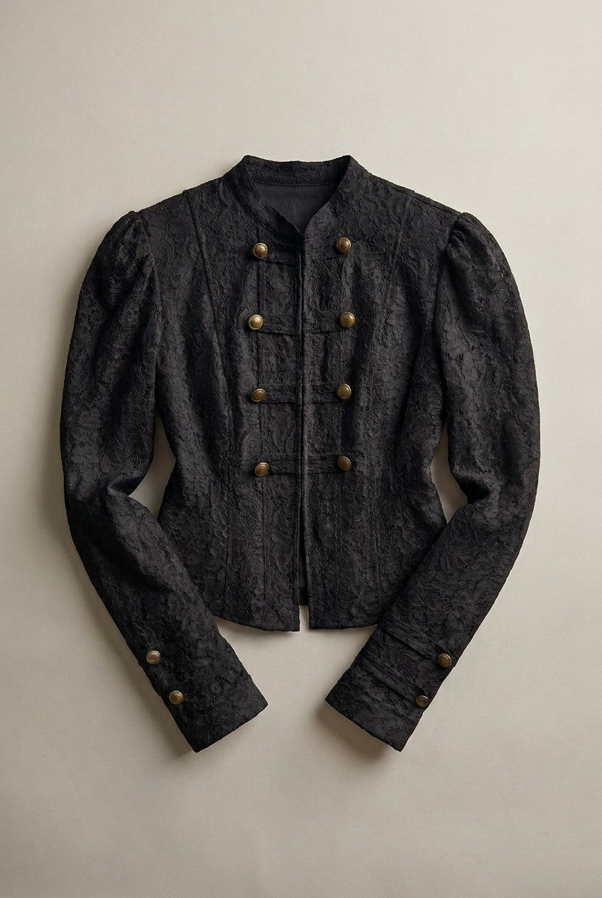 Ivory Lace Military Button Jacket in Black - Women's Wholesale Jackets & Blazers | Trend Notes