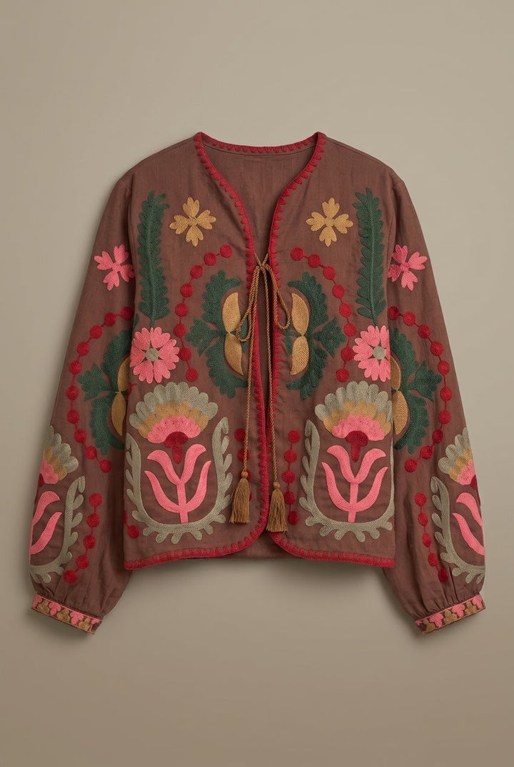 Folk Bloom Embroidered Jacket in Brown - Women's Wholesale Jackets & Blazers | Trend Notes