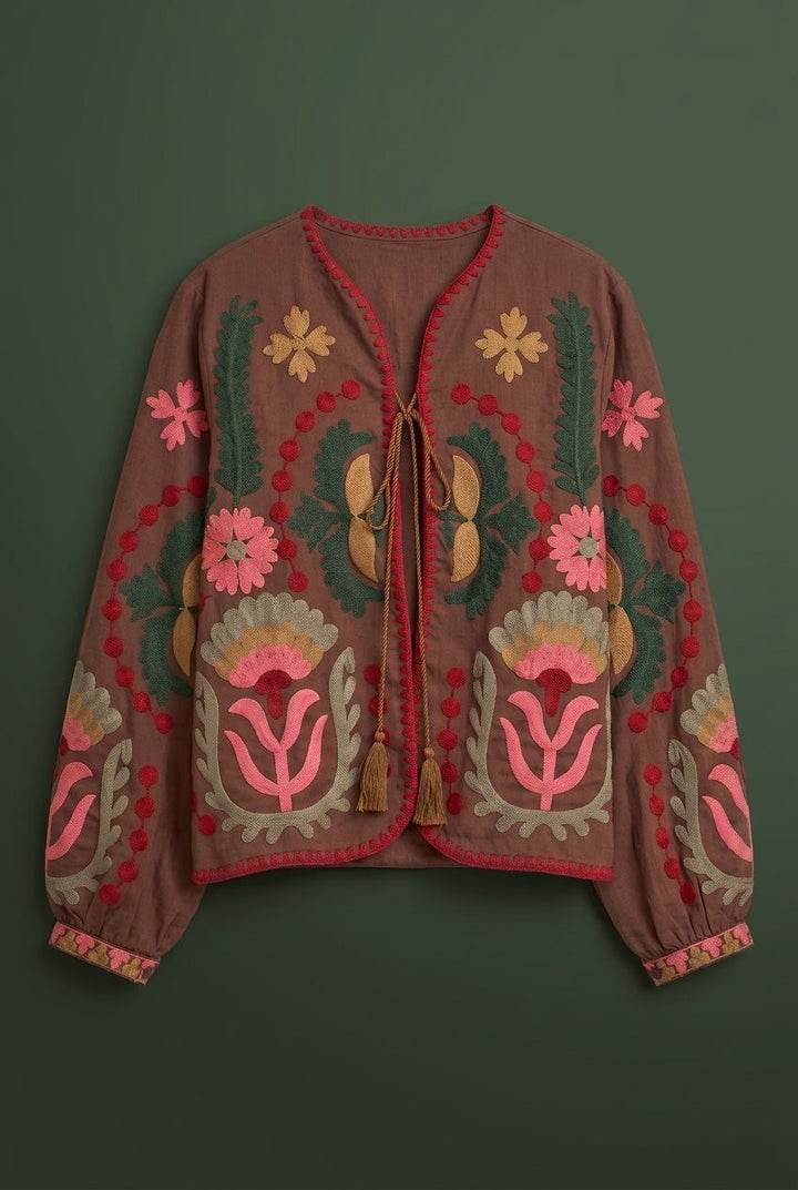 Folk Bloom Embroidered Jacket in Brown - Women's Wholesale Jackets & Blazers | Trend Notes