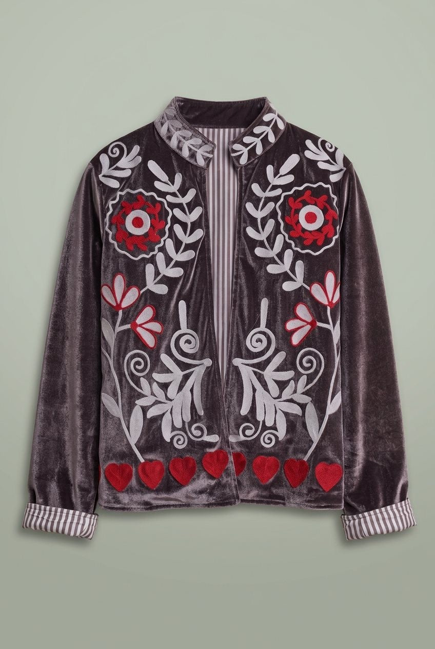 Heirloom Embroidered Velvet Jacket in Grey - Women's Wholesale Jackets & Blazers | Trend Notes