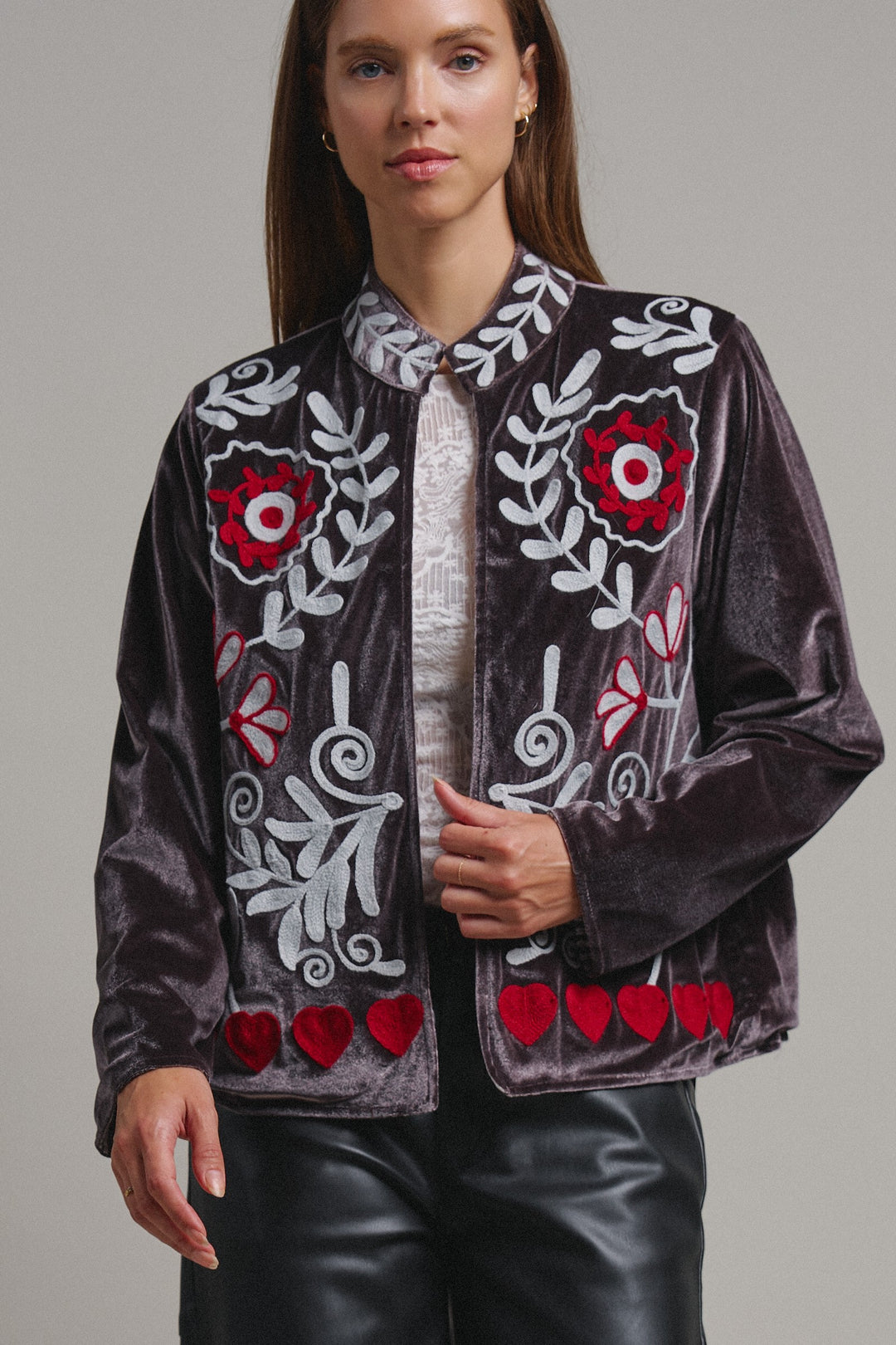 Heirloom Embroidered Velvet Jacket in Grey - Women's Wholesale Jackets & Blazers | Trend Notes
