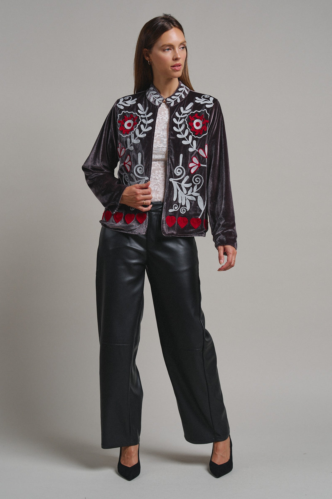 Heirloom Embroidered Velvet Jacket in Grey - Women's Wholesale Jackets & Blazers | Trend Notes