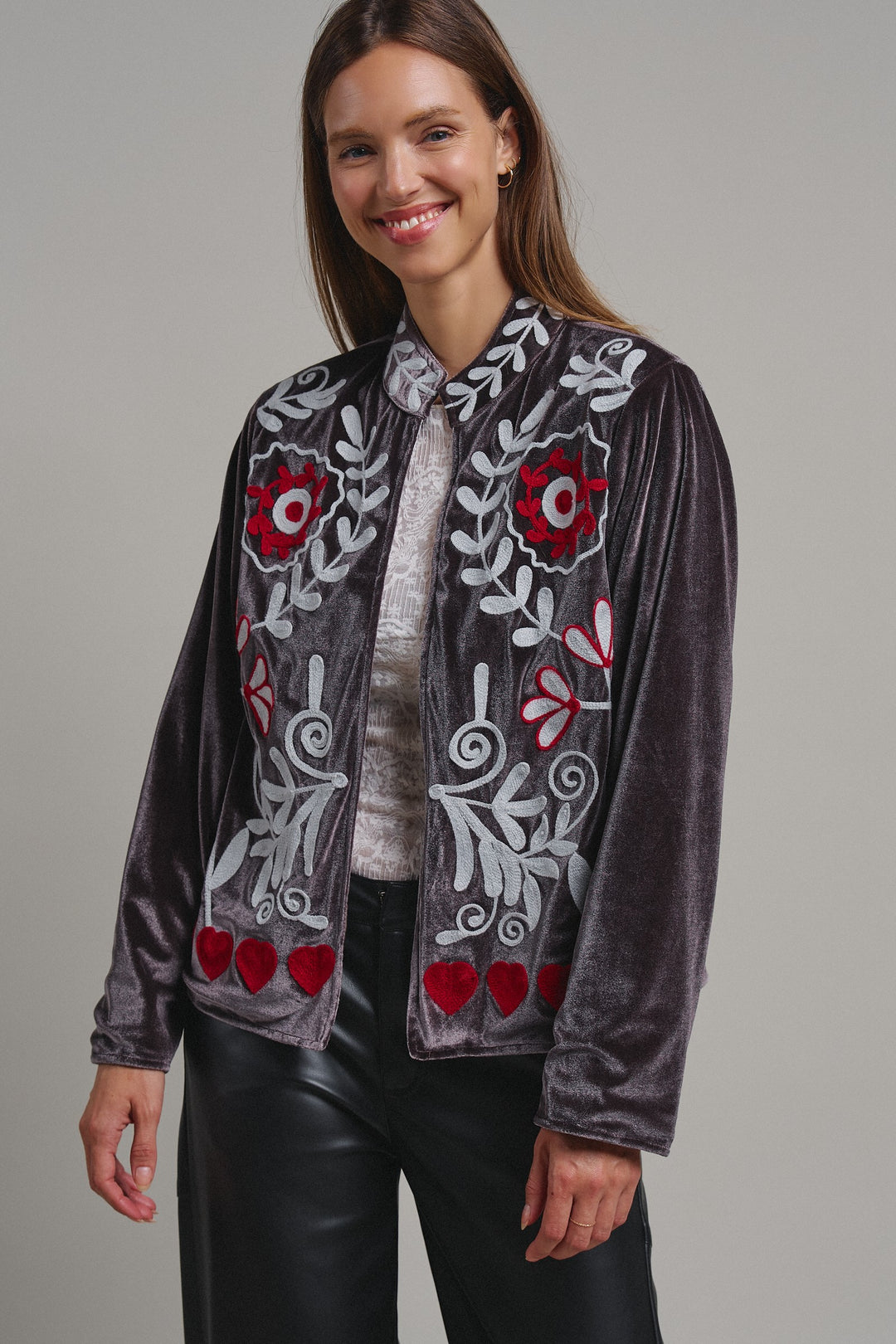 Heirloom Embroidered Velvet Jacket in Grey - Women's Wholesale Jackets & Blazers | Trend Notes