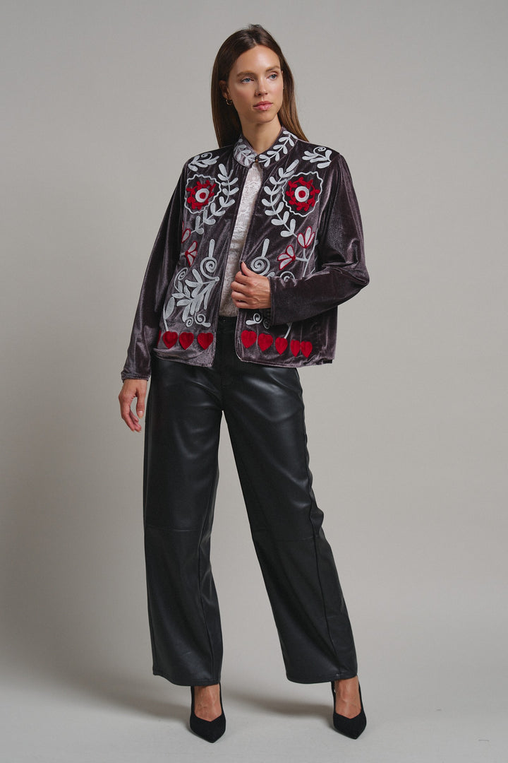 Heirloom Embroidered Velvet Jacket in Grey - Women's Wholesale Jackets & Blazers | Trend Notes