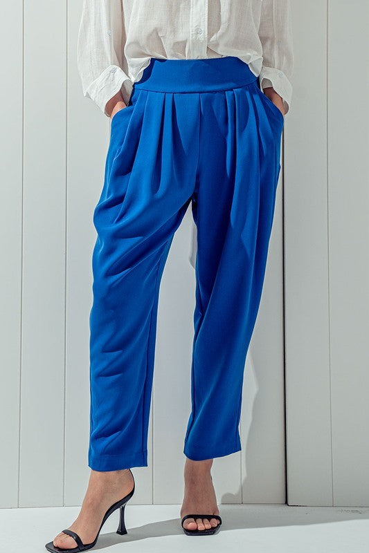 Relaxed Pleated Pants with Wide Waistband in Royal - Women's Wholesale Pants | Trend Notes
