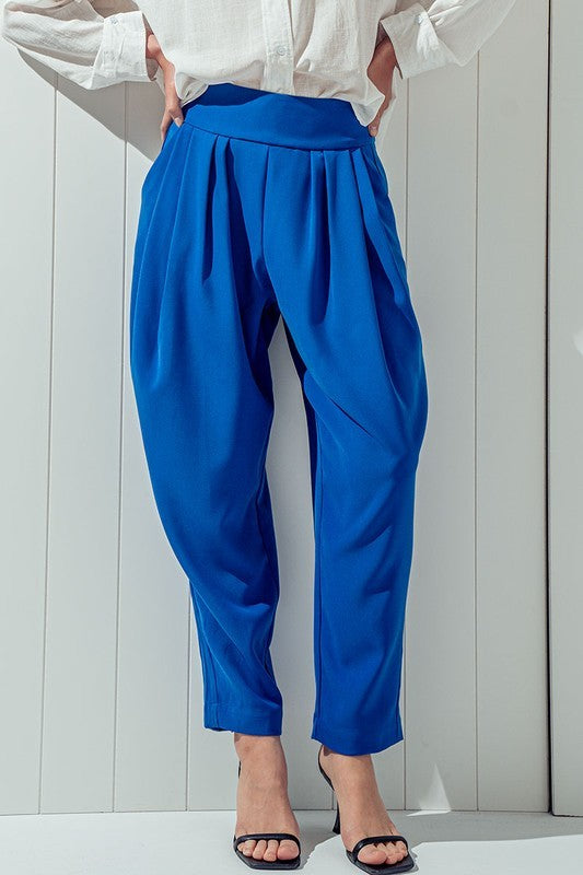 Relaxed Pleated Pants with Wide Waistband in Royal - Women's Wholesale Pants | Trend Notes
