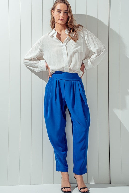 Relaxed Pleated Pants with Wide Waistband in Royal - Women's Wholesale Pants | Trend Notes