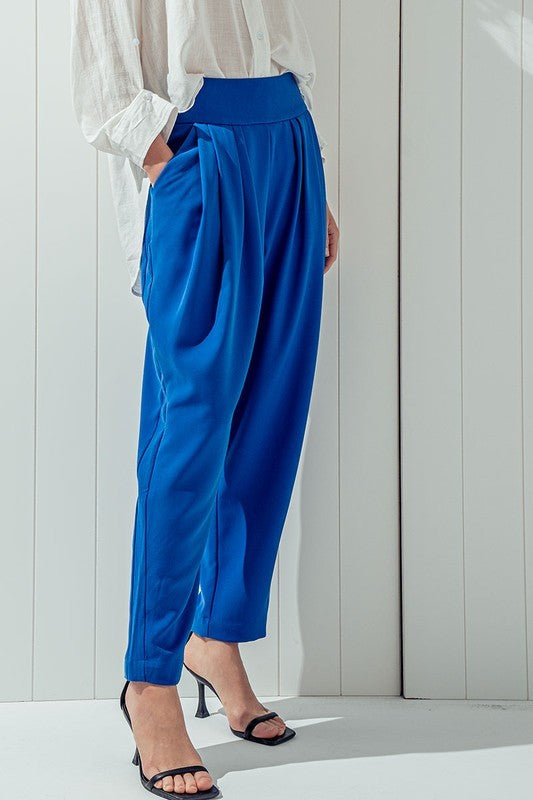 Relaxed Pleated Pants with Wide Waistband in Royal - Women's Wholesale Pants | Trend Notes