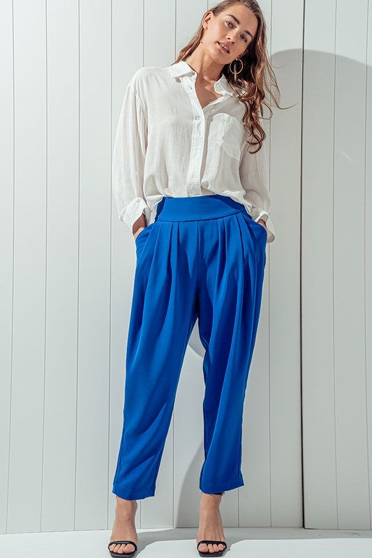 Relaxed Pleated Pants with Wide Waistband in Royal - Women's Wholesale Pants | Trend Notes
