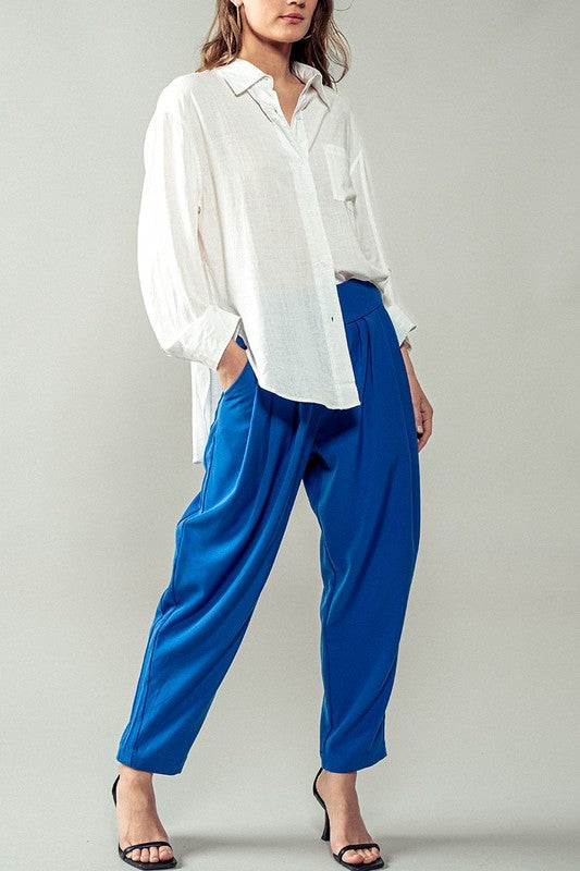 Relaxed Pleated Pants with Wide Waistband in Royal - Women's Wholesale Pants | Trend Notes