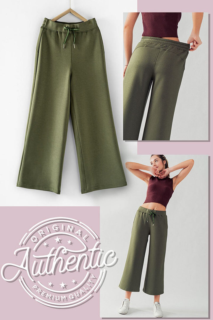 Flowy Boho Wide Leg French Terry Capri Pants in Olive - Women's Wholesale Sweatpants & Joggers | Trend Notes