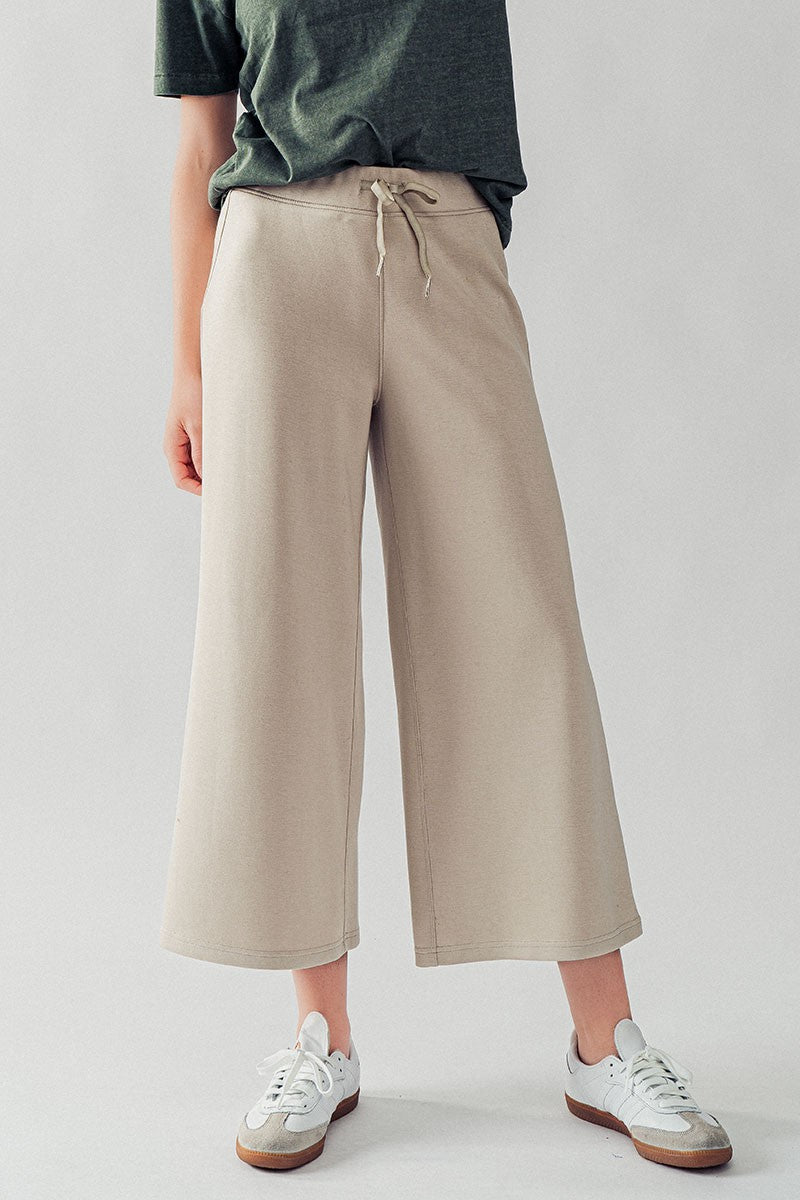 Flowy Boho Wide Leg French Terry Capri Pants in Taupe - Women's Wholesale Sweatpants & Joggers | Trend Notes