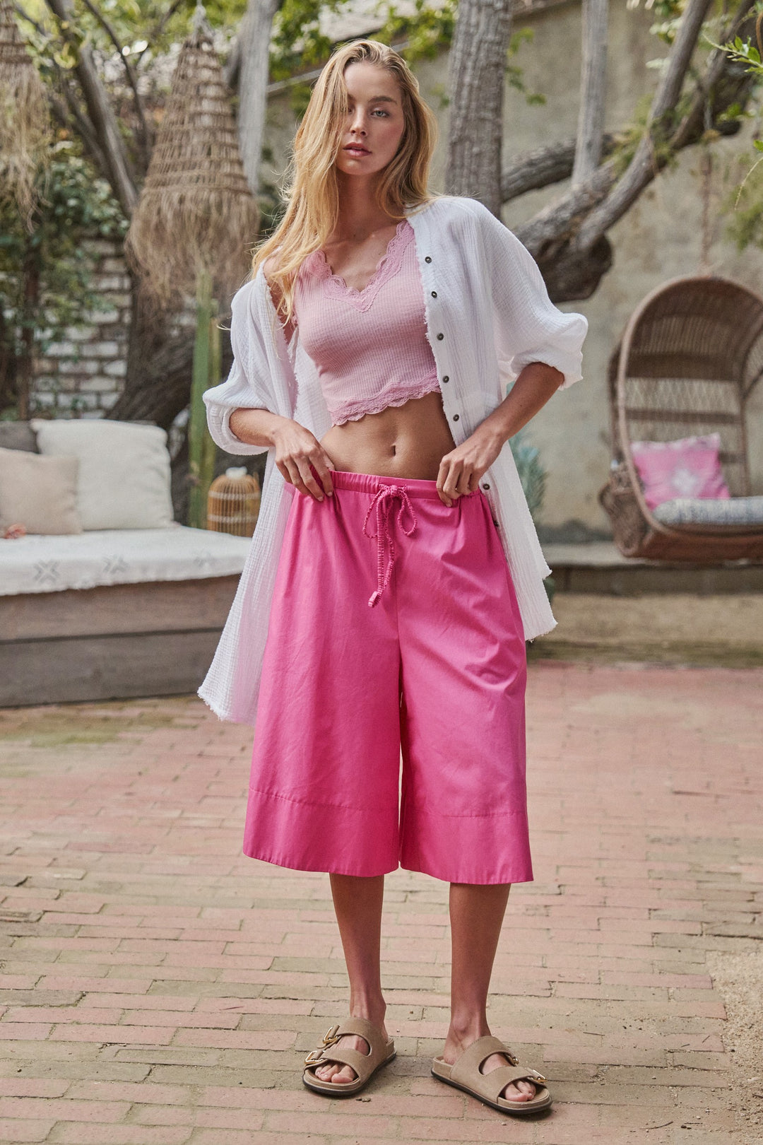 Air Flow Wide-Leg Culotte Shorts in Candy Pink - Women's Wholesale Pants | Trend Notes