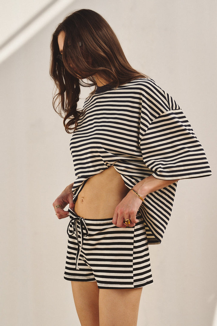 Laid Back Weekend Stripe Short in Ivory Navy - Women's Wholesale Pants | Trend Notes