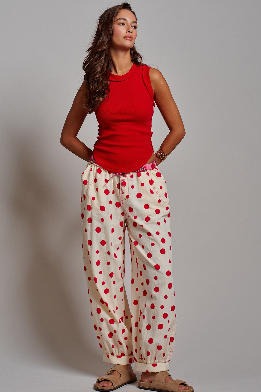 Retro Candy Pop Polka Dot Pants in Cream Red - Women's Wholesale Pants | Trend Notes