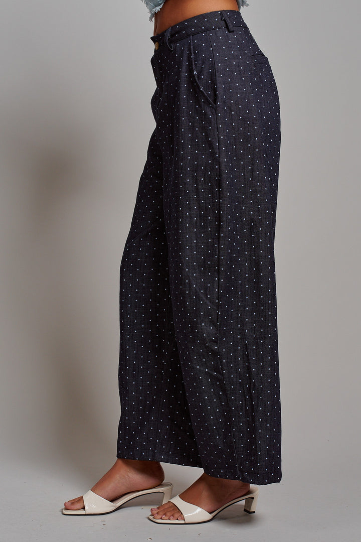 Starry Night Polka Dot Wide Leg Pants in Dk Denim - Women's Wholesale Pants | Trend Notes
