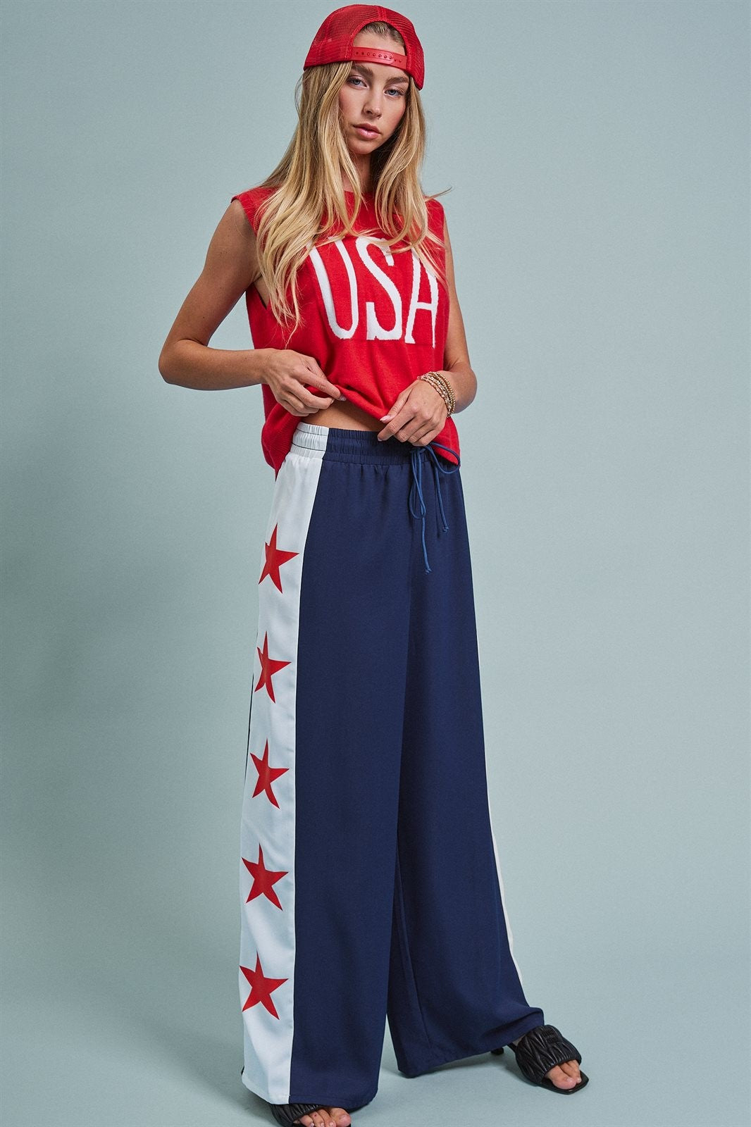 Varsity Star Side Stripe Wide-Leg Pants in Navy - Women's Wholesale Pants | Trend Notes