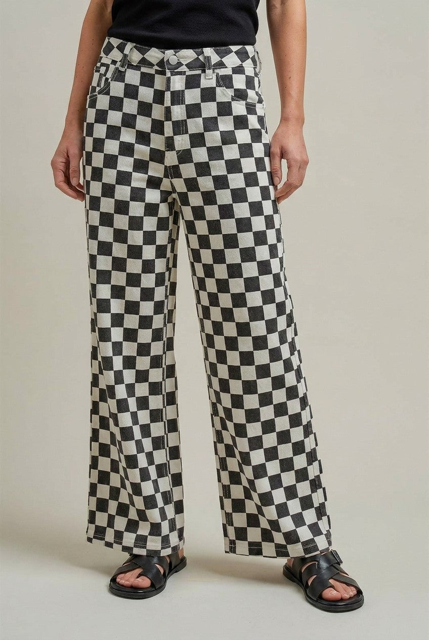 Vintage Wash Checker Print Wide Leg Pants High Rise Y2K West in Ivory Black - Women's Wholesale Pants | Trend Notes