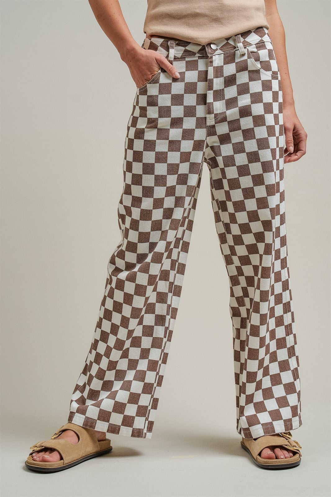 Vintage Wash Checker Print Wide Leg Pants High Rise Y2K West in Ivory Brown - Women's Wholesale Pants | Trend Notes