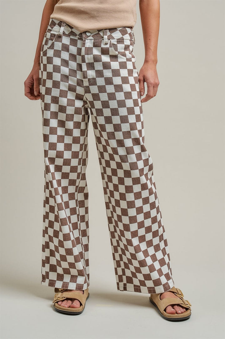 Vintage Wash Checker Print Wide Leg Pants High Rise Y2K West in Ivory Brown - Women's Wholesale Pants | Trend Notes