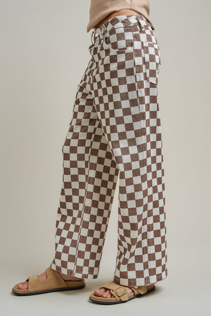 Vintage Wash Checker Print Wide Leg Pants High Rise Y2K West in Ivory Brown - Women's Wholesale Pants | Trend Notes