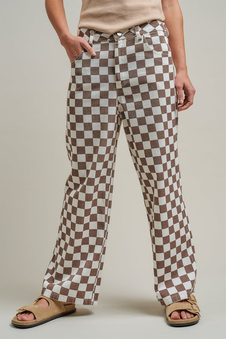 Vintage Wash Checker Print Wide Leg Pants High Rise Y2K West in Ivory Brown - Women's Wholesale Pants | Trend Notes
