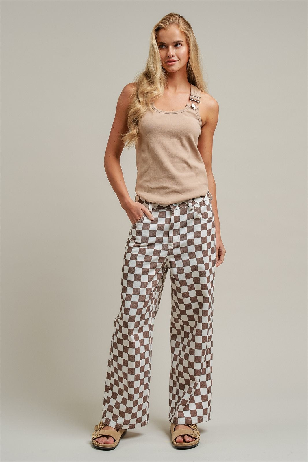 Vintage Wash Checker Print Wide Leg Pants High Rise Y2K West in Ivory Brown - Women's Wholesale Pants | Trend Notes